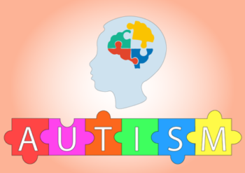 Child brain icon, autism words on puzzles
