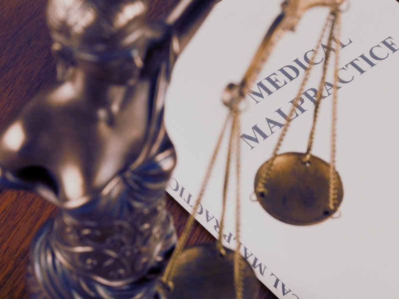 Law book (mock book cover) on medical malpractice next to Lady Justice. High angle studio shot.