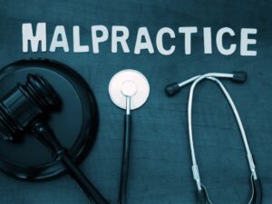 Wooden judge gavel and stethoscope on table, malpractice concept