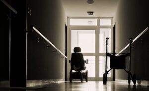 lonely corridor with walker in a nursing home