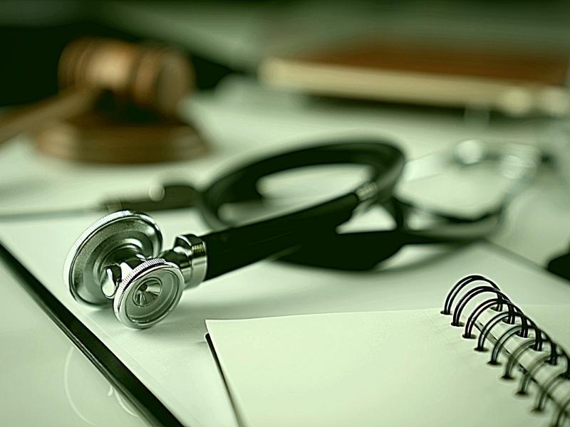 Gavel, notebook and stethoscope on the white table.