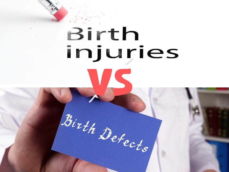 Closeup of pencil eraser and black birth injuries text Birth Defects inscription on the sheet.