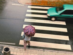 Pedestrian Crossing in the Rain. Top View. 